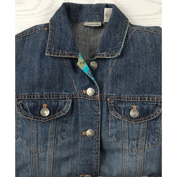 Chico's Jackets & Blazers - Chicos Denim Jacket Women M Blue Floral Lining Cuff Collar 100% Cotton Button Up